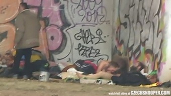 A Threesome Among Homeless Individuals In A Public Setting, Captured By A Czech Snooper